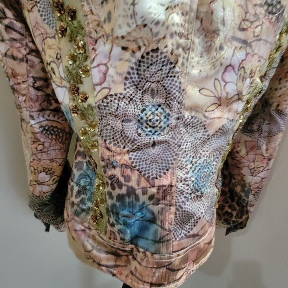 Boho Chic Size 8 Jacket Tan Brown Silk Sequin Jacket Lined Cheetah - Picture 9 of 12